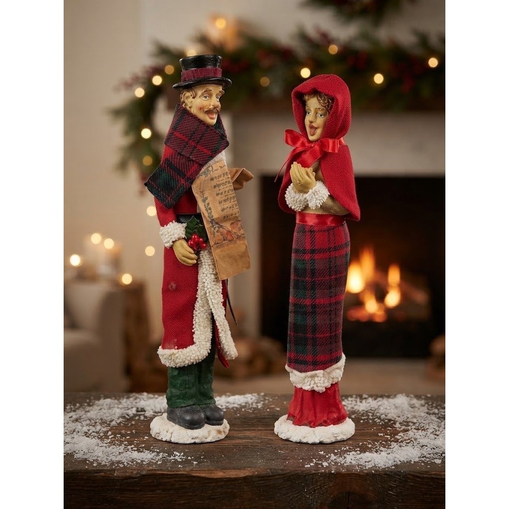 CBK Ltd Victorian Carolers Figurine Set Red Green Plaid Christmas Decor Vintage